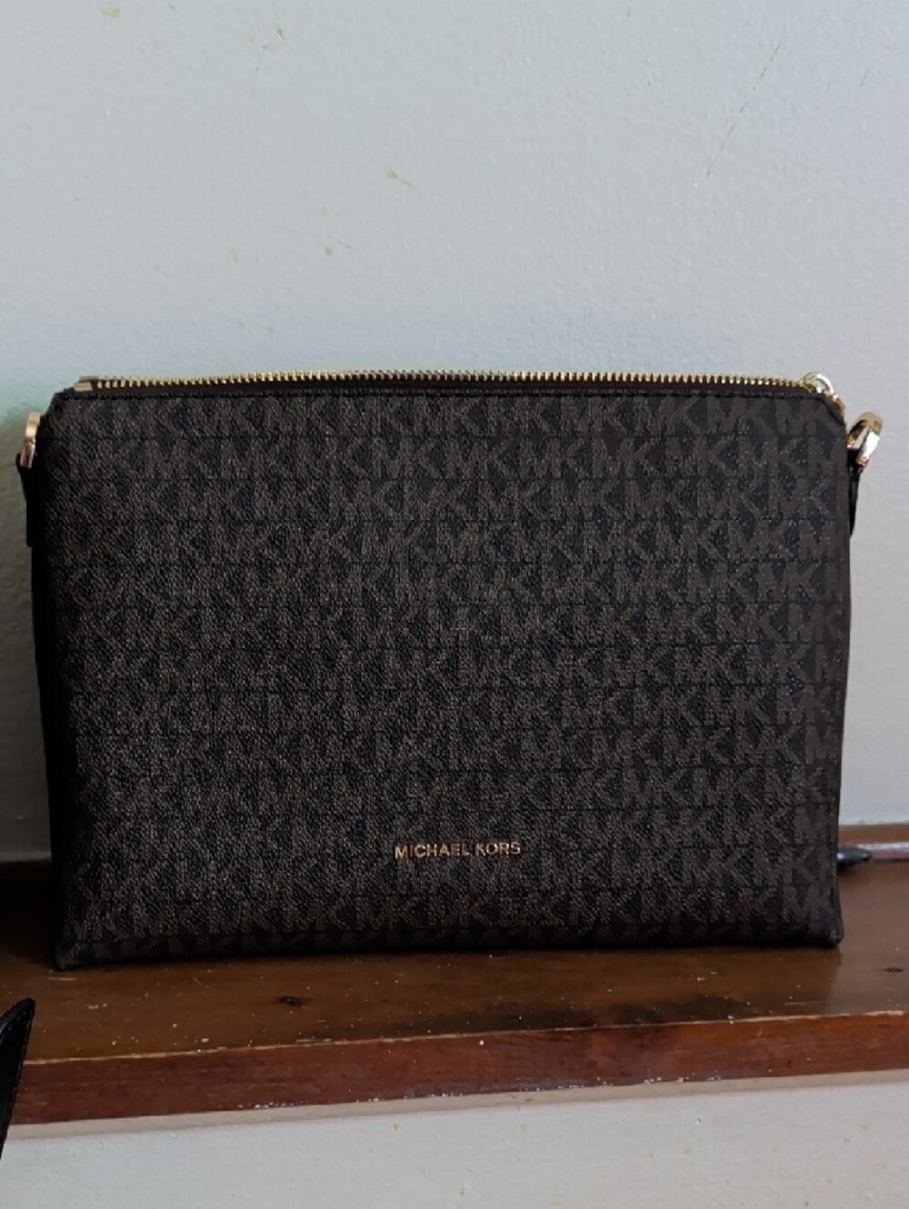 Michael Kors Black Leather Satchel with Monogram Crossbody Pouch - Picture 3 of 5